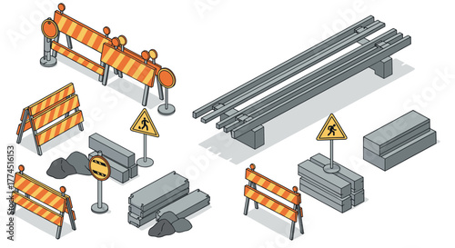Isometric construction elements with traffic barriers, signage, and concrete…