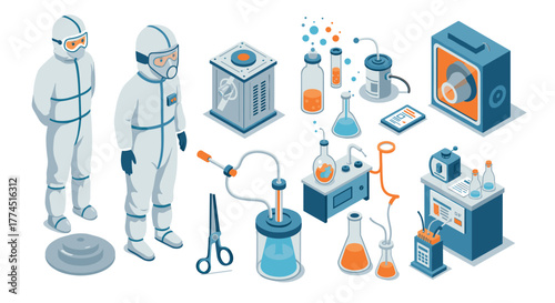 Isometric laboratory equipment with scientists in protective gear for researc…