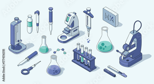 Isometric laboratory equipment: microscope, beakers, test tubes in scientific…