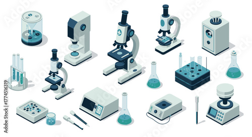 Modern isometric laboratory equipment collection for scientific research and…