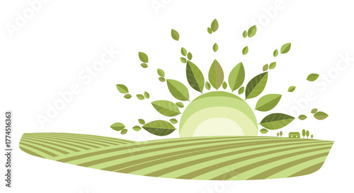 Green sunrise over agricultural fields with growing plants, Generative AI.