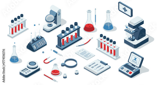 Isometric scientific equipment set featuring test tubes, microscopes, and lab…