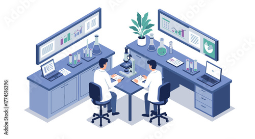 Isometric laboratory setting with researchers analyzing data and samples