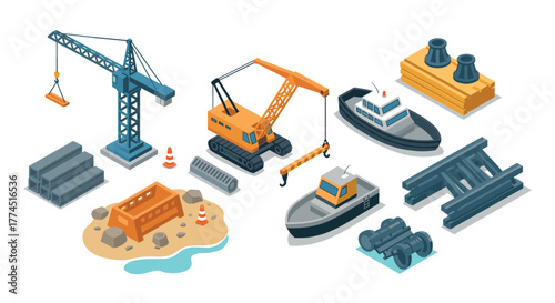 Isometric construction and shipping equipment on white background