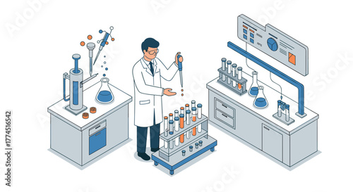 Scientist conducting laboratory experiment with test tubes in modern laborato…