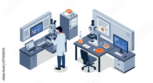 Isometric laboratory with scientist analyzing data and equipment in modern re…