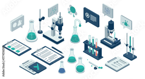 Isometric laboratory equipment and chemical experiments conceptual design