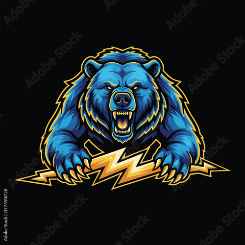 Vibrant blue bear mascot illustration, roaring with fierce intensity, gripping a powerful yellow lightning bolt, perfect for embodying strength and dynamic energy in sports or branding