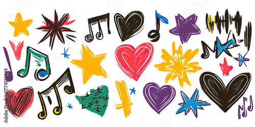 Colorful hand drawn grunge music notes stars hearts doodle set with crayon brush stroke style for rock punk themes vector illustration