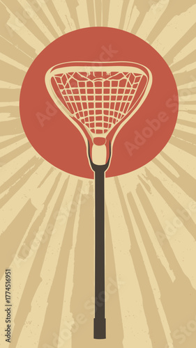 Vintage retro style lacrosse stick with net illustration in front of red sunburst background flat minimalist vector design for sports gift