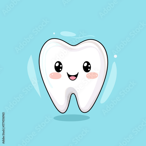Happy smiling tooth character with kawaii face, cute dental illustration for children, healthy white molar on blue background, flat vector design
