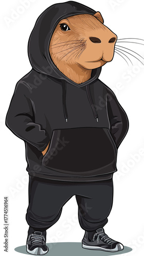 Stylish anthropomorphic capybara wearing black hoodie and sweatpants standing confidently with hands in pockets cartoon vector illustration full growth animal character casual streetwear