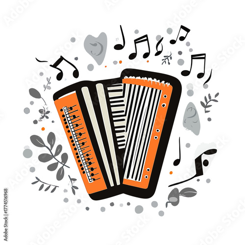 Bright orange and black accordion with musical notes and gray ornamental leaves flat minimalist hand drawn vector illustration design for traditional music concept