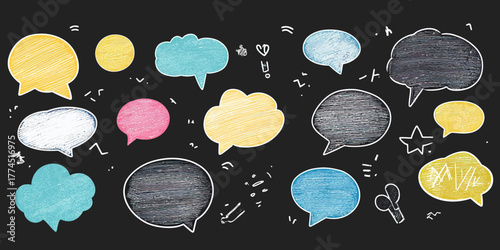 Colorful chalk style speech bubbles collection with various shapes and doodle accents on blackboard background vector illustration for creative communication concepts