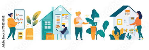 People managing home finances and paying utility bills using digital devices and paper documents with house and plant elements in flat minimalist style vector illustration