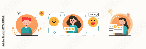 Customer feedback rating concept with happy and neutral emojis, smiling female user holding review stars and customer service operator illustration set in flat minimalist style