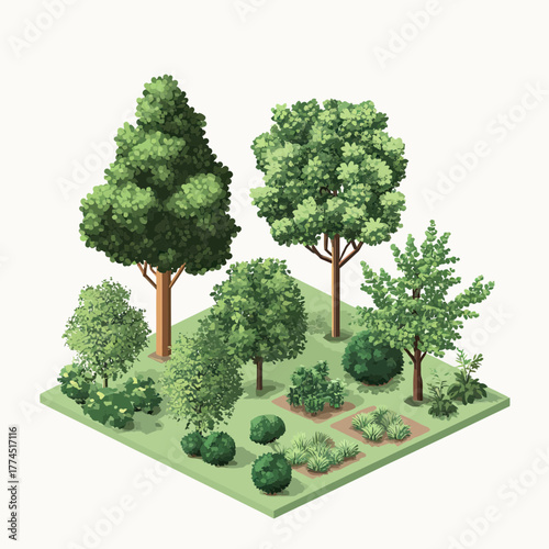 Isometric garden design with diverse green trees bushes shrubs and landscaped plant beds in blocky 3D flat vector style