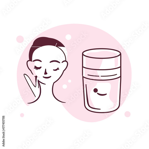 Minimalist vector illustration of woman applying cream with closed eyes next to cosmetic jar on pink background for skincare beauty and anti aging concepts