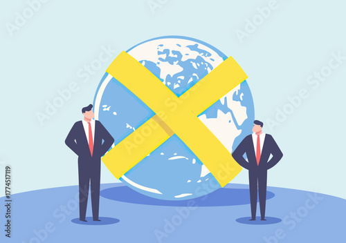 Business men standing with crossed yellow prohibited tape wrapped around planet earth globe symbolizing international trade restrictions and sanctions compliance concept