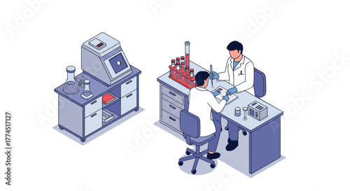Isometric scientific laboratory: researchers conducting experiments in modern…