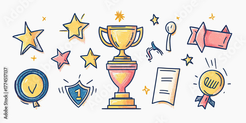 Hand drawn doodle trophy cup medal award ribbon stars celebration victory champion success achievement sketch style vector illustration