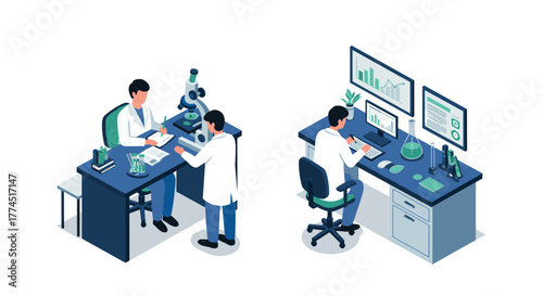 Isometric laboratory setup with researchers working on experiments and analyz…