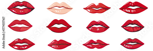 Set of twelve red and nude lips kiss imprints in various shapes and styles isolated on white background vector illustration for romantic love and beauty design elements