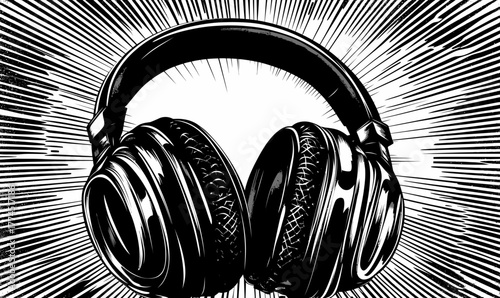 Monochrome detailed vector headphones illustration with halftone rays background and vintage retro style for music and audio design concepts