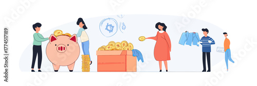 Charity donation scene with people contributing gold coins into piggy bank clothing food donation box flat vector illustration saving money support concept