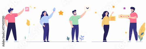 Customer service positive feedback illustration with four diverse people holding rating icons showing like, checkmark, star, and thumbs up in flat minimalist style vector