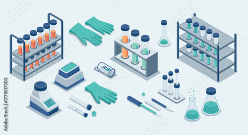 Isometric science lab equipment with test tubes, beakers, and safety gear