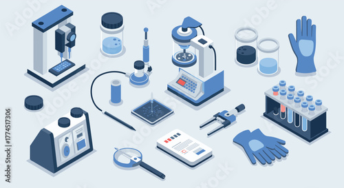 Isometric laboratory equipment set in blue tones for scientific research and…