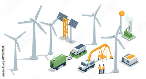 Sustainable energy generation with wind turbines and solar panels in isometri…