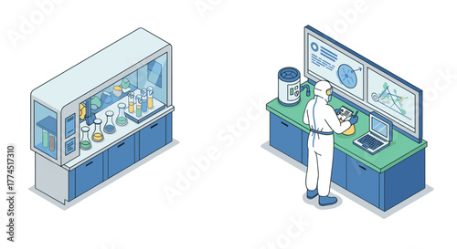 Isometric lab technician analyzing data in a modern laboratory setting