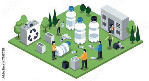 Isometric plastic recycling process with people and bins in a park setting