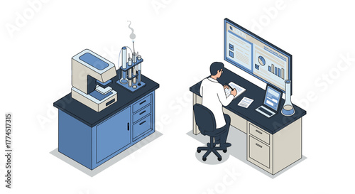 Isometric laboratory setup with scientist analyzing data on computer desk