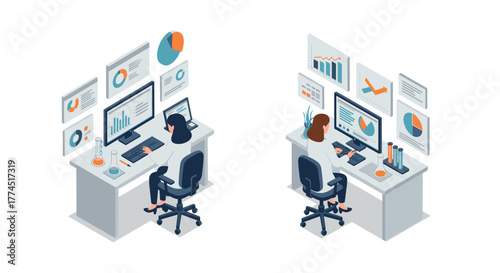 Isometric office setup with employees analyzing business data on multiple scr…