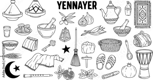 Yennayer Amazigh New Year traditional items set. Hand-drawn doodle collection of cultural symbols, food, utensils, and decorations for Algerian, Moroccan, and Berber celebration.