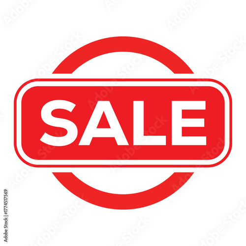Bold SALE seal or sticker vector. White text on a vibrant red rectangular banner with rounded corners, set against a matching red circular outline. Ideal for rankings and best-of lists.