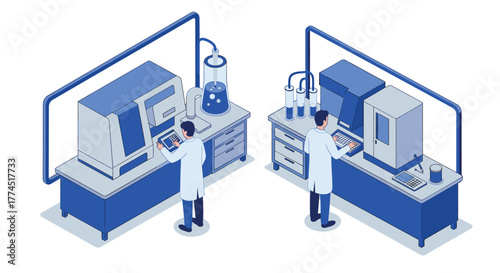 Isometric laboratory setup with scientists operating advanced equipment