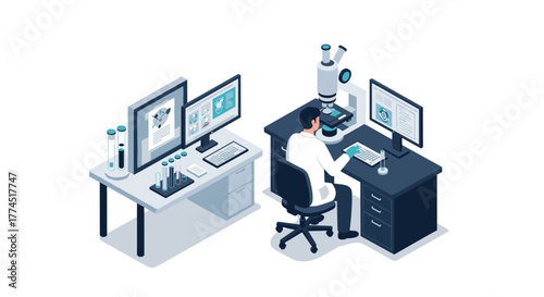 Scientist in modern laboratory analyzing data on computers with microscopes