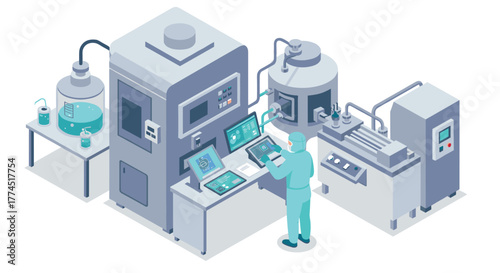 Advanced pharmaceutical laboratory with automated equipment in isometric design