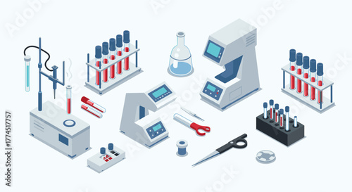 Advanced laboratory equipment in isometric style for scientific research
