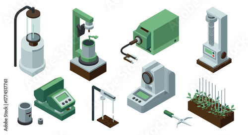 Isometric lab equipment and tools for scientific experiments and research