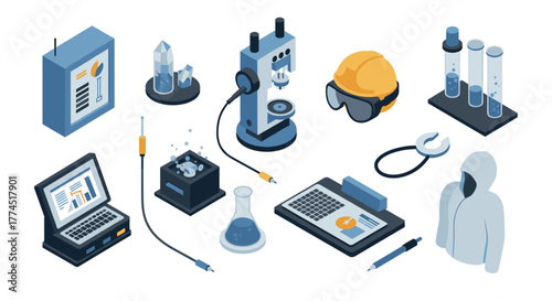Isometric science and technology icons with lab equipment and safety gear