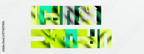 Abstract composition featuring layered green, yellow blocks. Text fragments visible, minimalist design, bright colors, simple geometry.