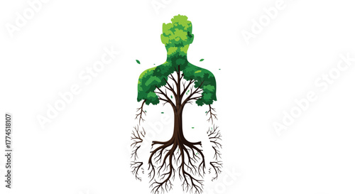 Human body silhouette filled with lush green tree and roots, Generative AI.
