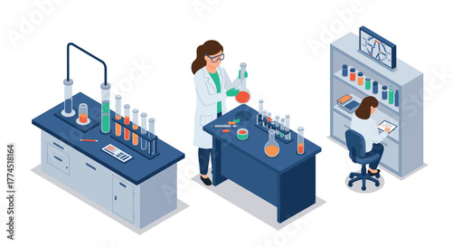 Modern laboratory scene with scientists conducting experiments in isometric s…