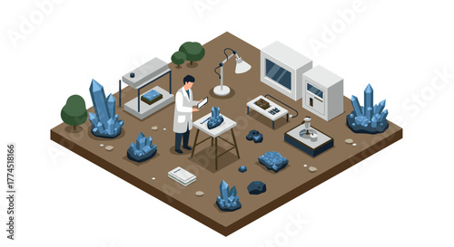 Isometric laboratory scene with scientist and crystal analysis setup