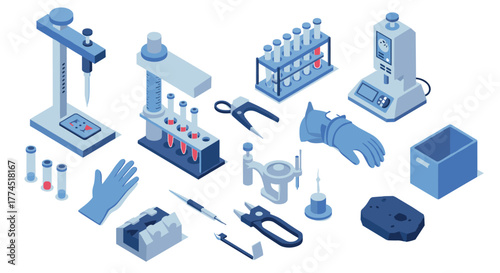 Advanced laboratory equipment isometric design featuring test tubes and scien…